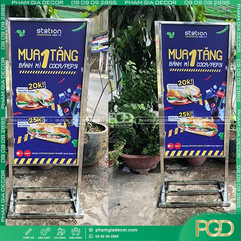 Standee inox sang trọng với khung inox 304 bền đẹp, in UV cao cấp