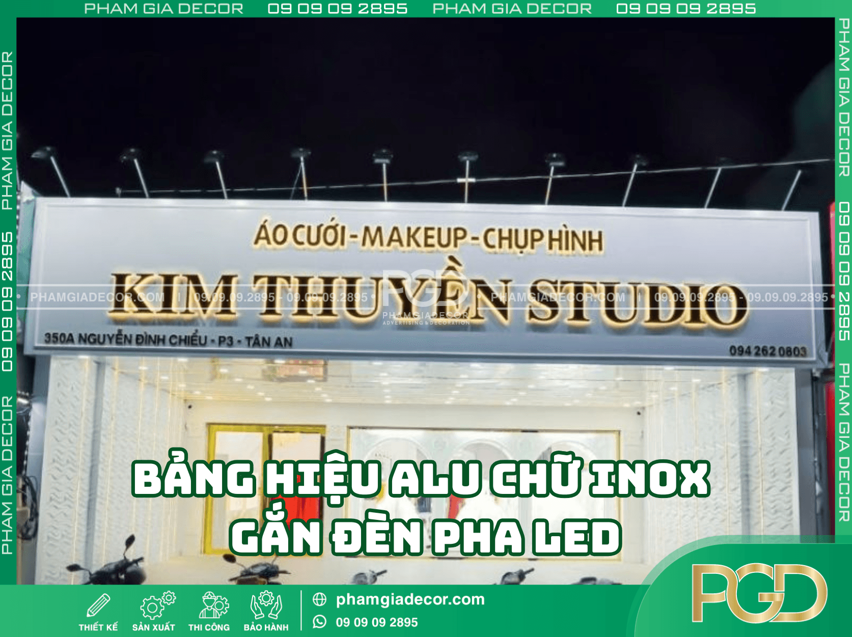 Đơn vị thi công bảng hiệu alu chữ inox gắn đèn pha LED