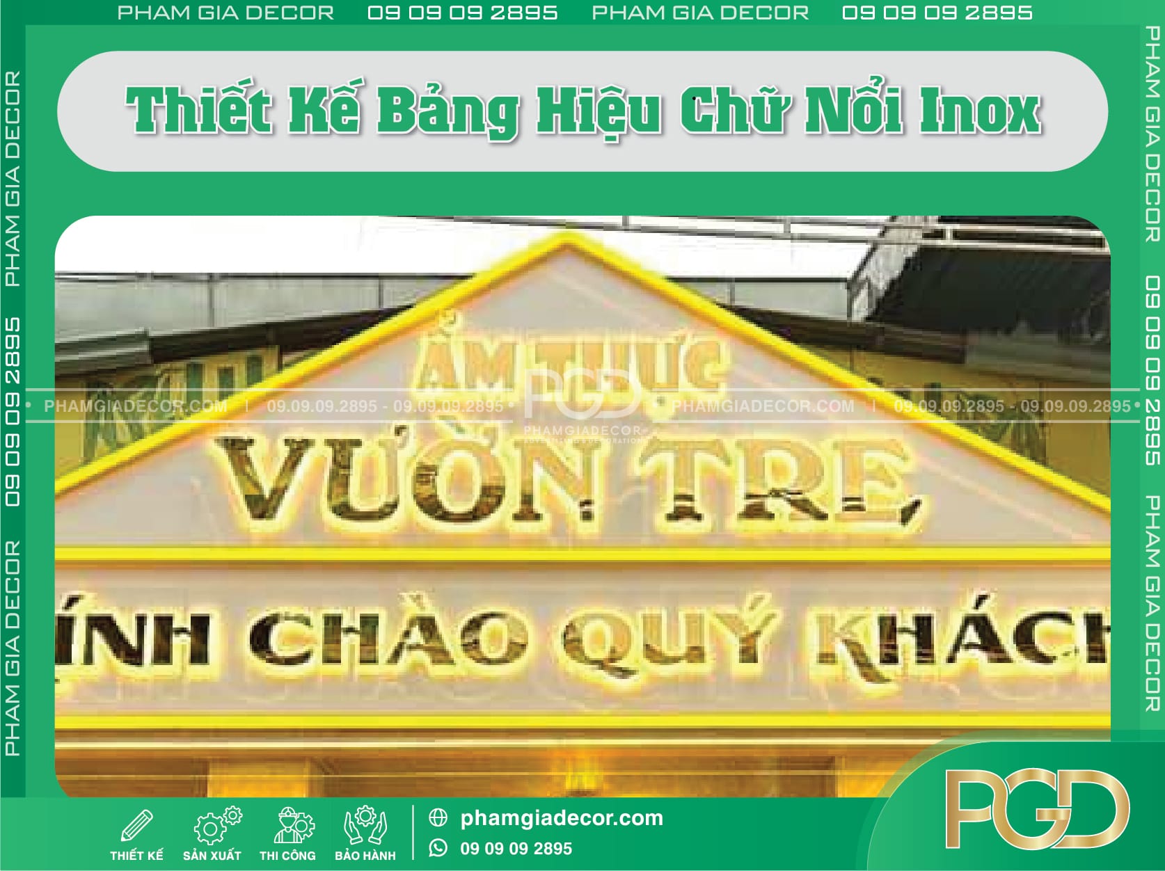 Mẫu Thiết Kế Bảng Hiệu Đẹp chữ nổi Inox vàng gương mang lại sự sang trọng.