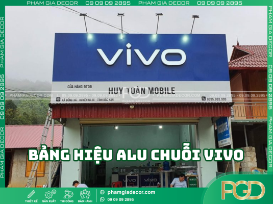 Thi công bảng hiệu alu chuỗi ViVo chiếu đèn sáng