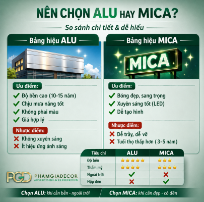 Phân tích ưu nhược điểm bảng hiệu alu và mica để chọn đúng nhu cầu.